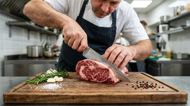 Chef Slicing Marbled Ribeye Steak with Garlic, Rosemary, Salt, and Pepper