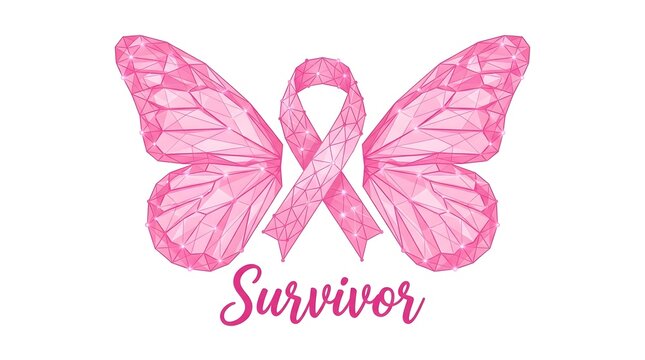 Pink ribbon breast cancer awareness symbol with butterfly wings and the word survivor on white background