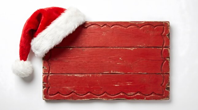 A festive red wooden sign with a santa claus hat isolated on a white background for christmas