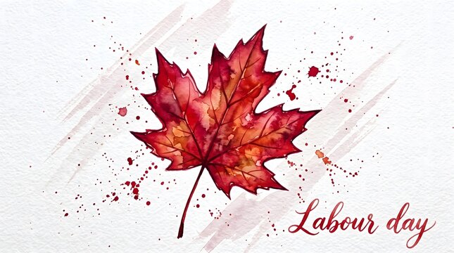 Beautiful watercolor canada  red maple leaf illustration with artistic paint splashes and labour day calligraphy on white background