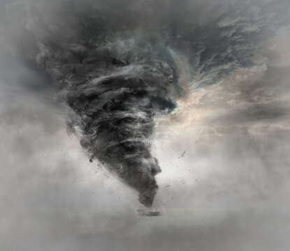 Dramatic Tornado Waterspout Over Water With Dark Storm Clouds and Swirling Debris