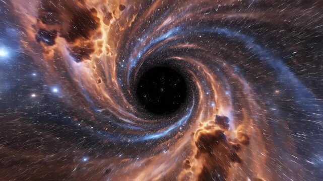 Swirling cosmic gas and stars pulled into black hole. Deep space nebula setting with orange and blue colors. Digital art style. Concept of astronomy, astrophysics, science education.