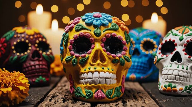 Colorful sugar skulls sit on rustic wooden table in photo. Warm candle light and marigold flowers in background. Concept of Mexican tradition, holiday celebration, cultural heritage.