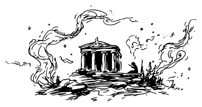 Ancient Greek temple with mystical smoke and clouds in artistic ink sketch style