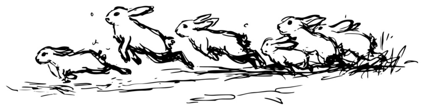Group of wild rabbits running and jumping in a field hand drawn sketch style