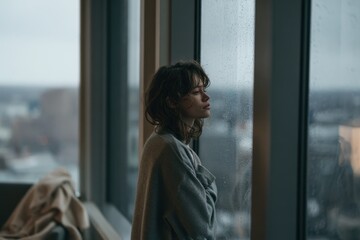 Fototapeta premium Contemplative portrait of a solitary woman gazing outward from a rain-washed window