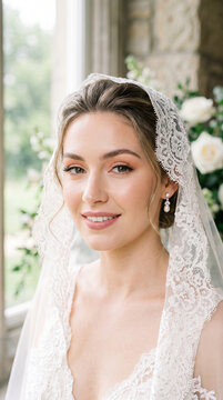Beautiful bride wearing lace veil and pearl earrings on wedding day