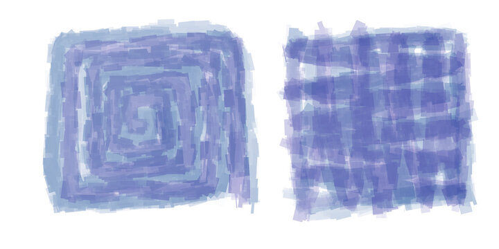 Two hand-drawn abstract blue-purple squares, with swirling pattern and crisscrossing pattern, with unique subtle brush strokes. 