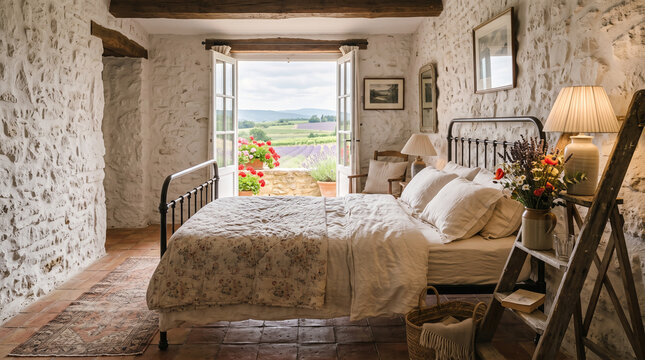 Rustic bedroom with stone walls and open french doors overlooking lavender fields in countryside