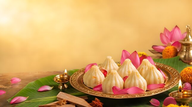 Premium Ganesh Chaturthi Banner Featuring Traditional Modak Offering with Sacred Festival Decoration