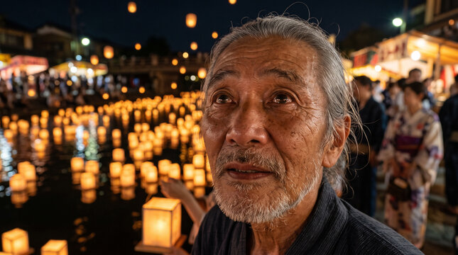 Elderly Japanese man portrait at traditional lantern festival with floating lights on water