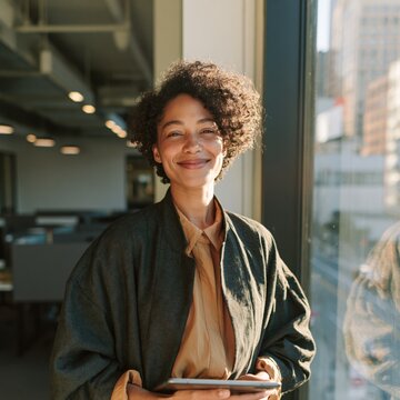 Young female professional portrait by window holding a tablet for corporate profile banner and website background with warm natural light