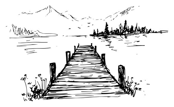 Wooden pier stretching into lake with mountain background in ink sketch style