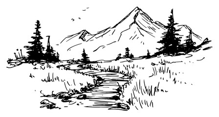 Obraz premium Winding river through mountain valley with pine trees in hand drawn ink style