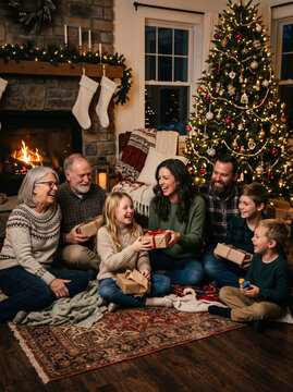 Happy multi-generational family opening gifts by the fireplace and decorated christmas tree