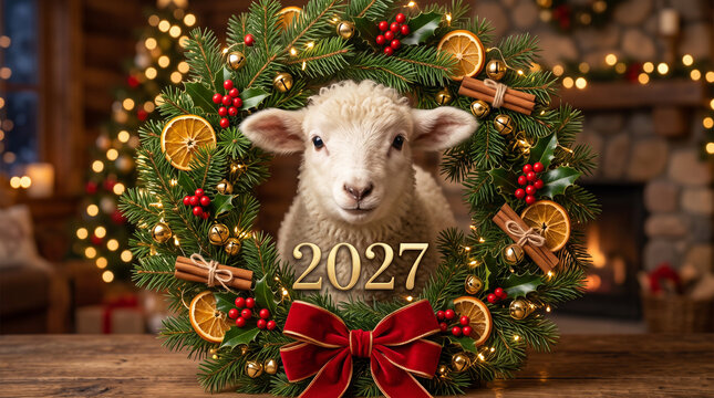 Cute white lamb peeking through festive new year wreath with 2027 text
