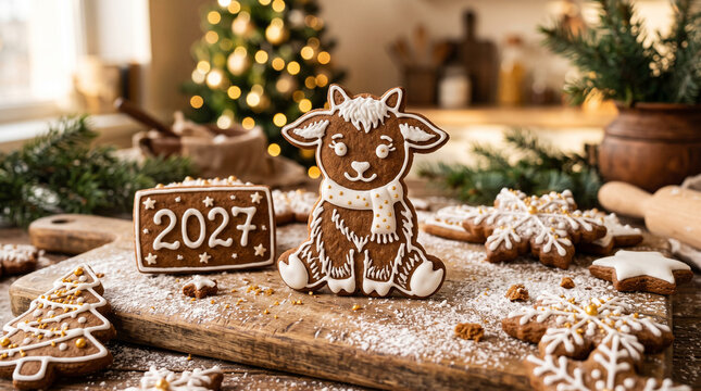 Cute Gingerbread Goat Cookie And 2027 Sign On Rustic Wooden Board With Powdered Sugar