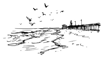 Fototapeta premium Beach shore with pier and flying seagulls in hand drawn sketch style