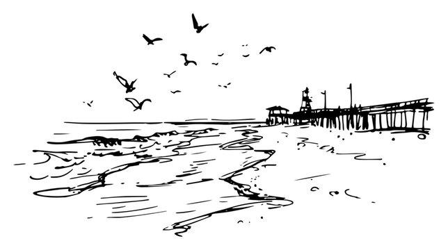 Beach shore with pier and flying seagulls in hand drawn sketch style