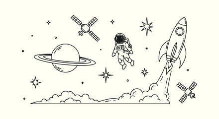Outer Space Illustration with Rocket Ship, Astronaut, Planet Saturn, Satellites, and Sparkles Line Art © vectorial