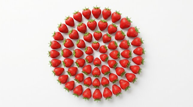 Premium 3D render of fresh strawberries arranged in a circular flat lay composition, isolated on pure white background, top view, highly detailed textures, realistic lighting, vibrant natural colors