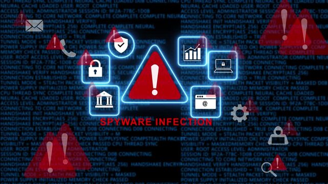 Cybersecurity alert warning display featuring spyware infection text overlay with glowing digital warning data breach symbols, and encrypted network code background, for tech security