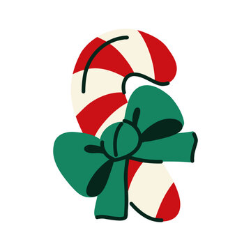 Candy Cane with Green Ribbon Bow, Hand Drawn Christmas Sweet Illustration for Holiday Greeting Cards, Gift Tags and Seasonal Decorations
