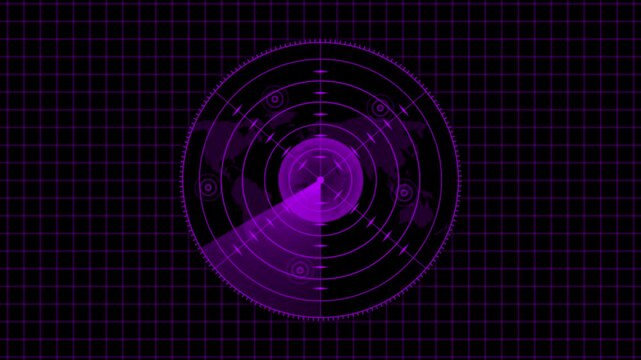 Purple digital radar scanner with map overlay motion