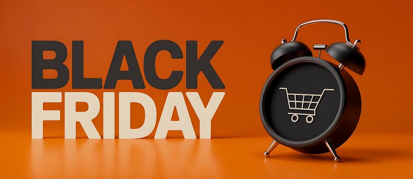 Black friday sale concept with bold lettering and a vintage alarm clock on an orange background