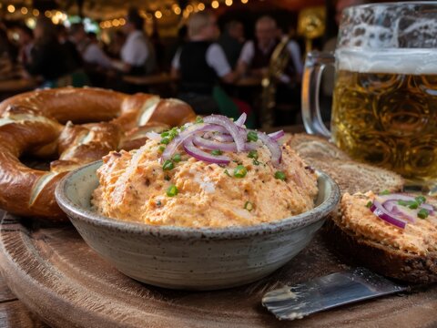Obatzter mit Brezel und Bier im Festzelt &ndash; Der w&uuml;rzige bayerische K&auml;seaufstrich mit roten Zwiebeln, Schnittlauch und Bauernbrot steht f&uuml;r deftigen Genuss und Tradition.