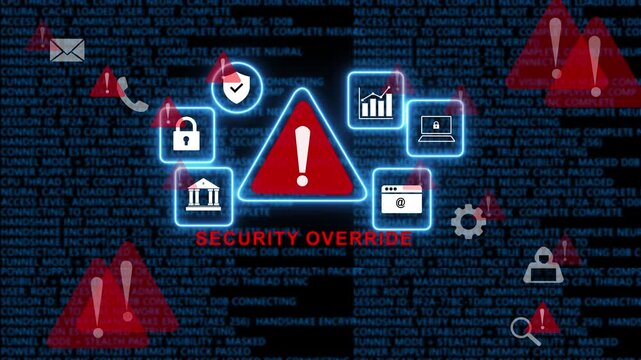 Cyber security override alert with digital warning and encrypted data code background, for advanced network, protection, information technology, breach, and global, digital infrastructure threat