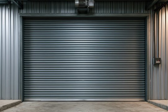 Industrial roller shutter door guarding a loading bay with automated mechanism