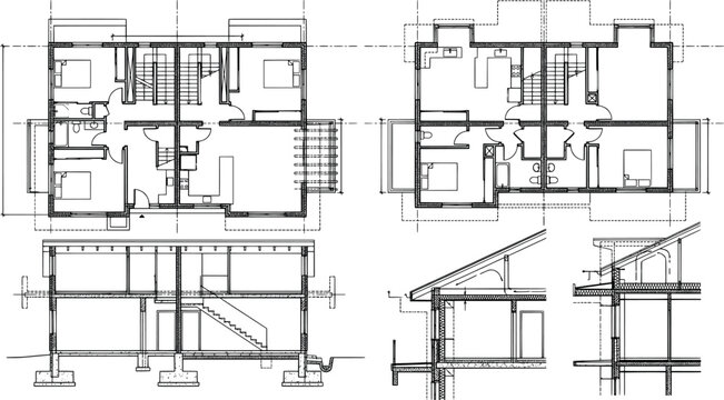 Architectural blueprints showing floor plans and crosssection details of a residential duplex