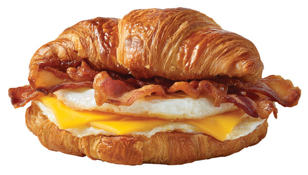 Bacon, egg and cheese breakfast sandwich on a flaky croissant
