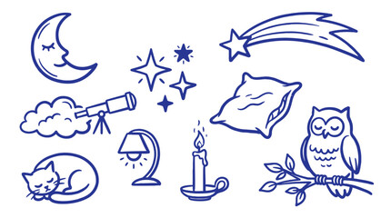 Set of hand drawn night and moon elements including a crescent moon, stars, shooting star, telescope, pillow, sleeping cat, lamp, candle, and an owl sitting on a branch for cozy sleep designs. © Razoan