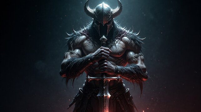 Dark Fantasy Viking Warrior with Horned Helmet and Sword