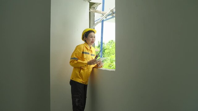 Home inspector in yellow hard hat and safety jacket checking house interior near window opening, inspecting wall repair and room renovation with tablet in bright home workspace