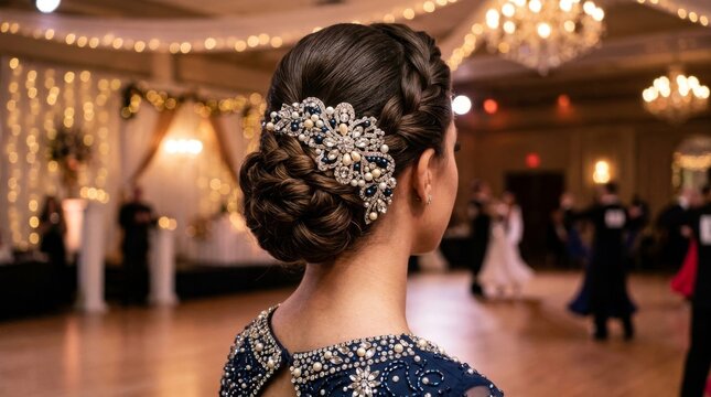 Elegant woman with sophisticated braided updo hairstyle and ornate hair accessory at ballroom dance event.