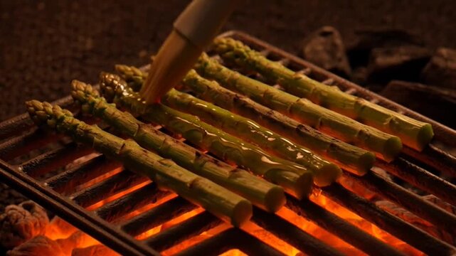 Fresh Green Asparagus Spears Being Brushed with Oil on a Hot Charcoal Grill.