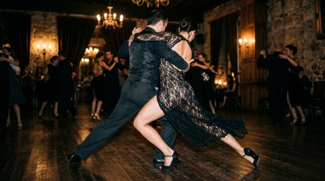Passionate couple dancing Argentine tango in a dimly lit elegant ballroom.