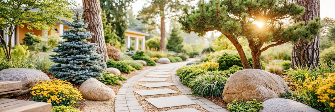 Elegant Landscaped Garden with Stone Path and Manicured Shrubs