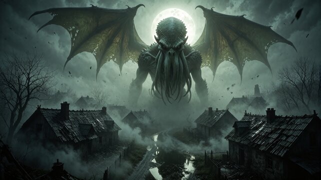 Eldritch Cthulhu Creature Looming Over Foggy Abandoned Village