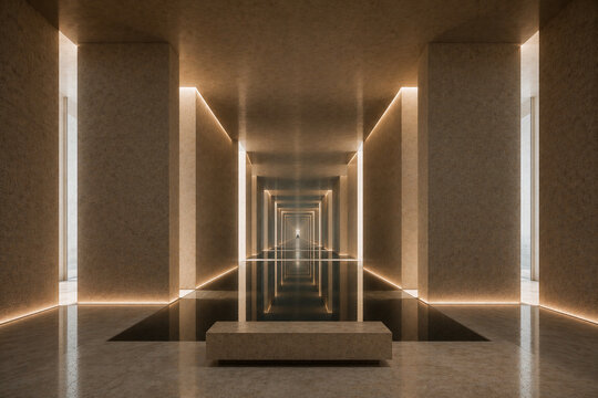 Symmetrical architectural infinity corridor with water pool reflection and display pedestal
