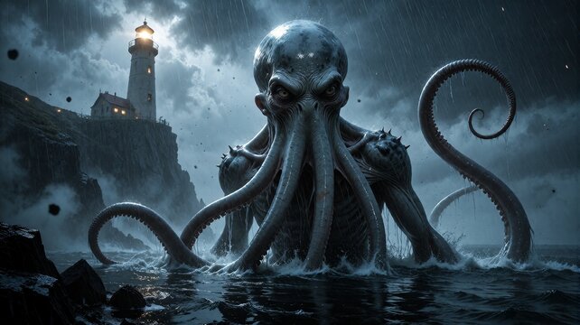 Eldritch Octopus Monster Emerging from Stormy Sea Near Lighthouse