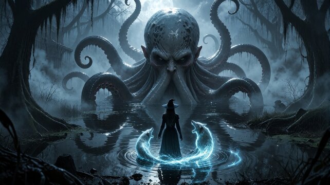 Eldritch Octopus Monster Encountering a Witch and Spectral Wolves in a Misty Swamp