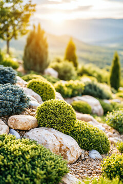Beautiful Alpine Rock Garden with Manicured Evergreen Shrubs