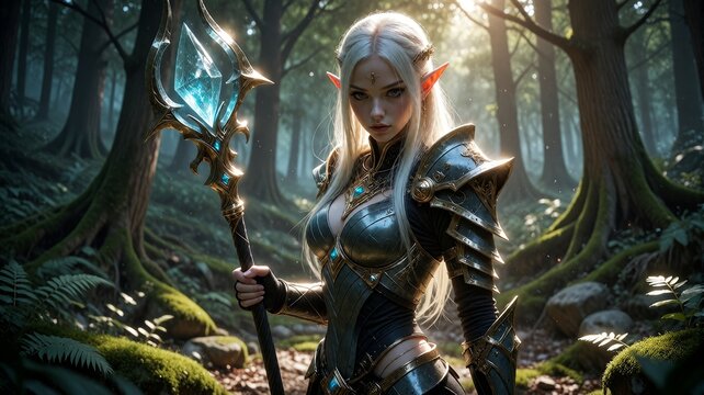 Elven Warrior Princess Holding Magical Crystal Staff in Enchanted Forest