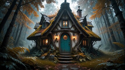 Fototapeta premium Enchanted Cottage Nestled in Misty Autumn Forest