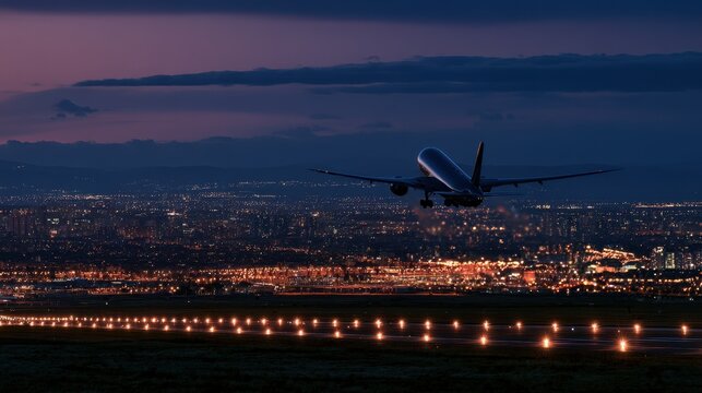 Airplane taking off over a twilight city skyline with panoramic urban lights