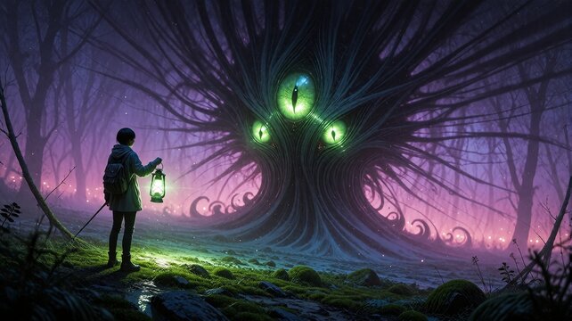 Enchanted Forest Encounter with Glowing Eldritch Entity